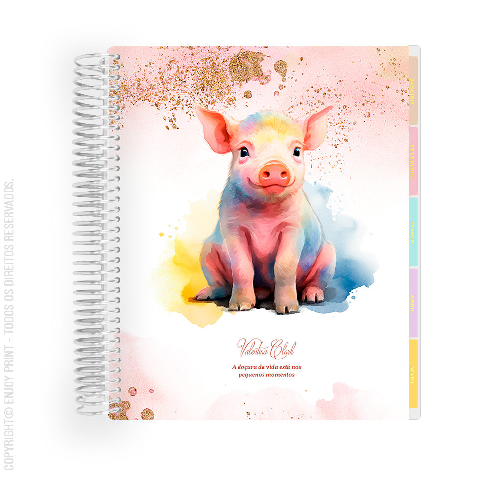 Enjoy Planner 2024 - Animals Farm Porco (planner com acessórios inclusos - vai com + de 700 adesivos, régua, 2 blocos de notas e elástico).