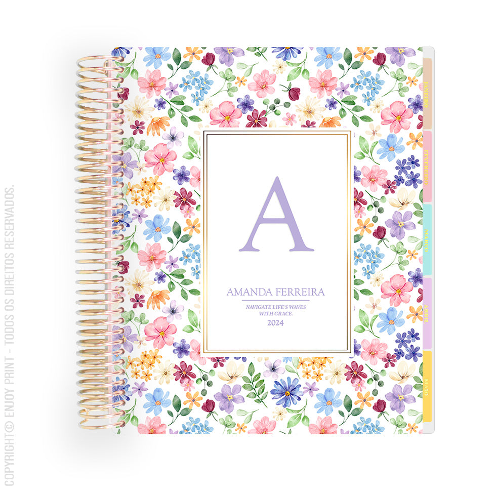 Enjoy Planner 2024 - Flower Lilac Monogram (planner com acessórios inclusos - vai com + de 700 adesivos, régua, 2 blocos de notas e elástico).
