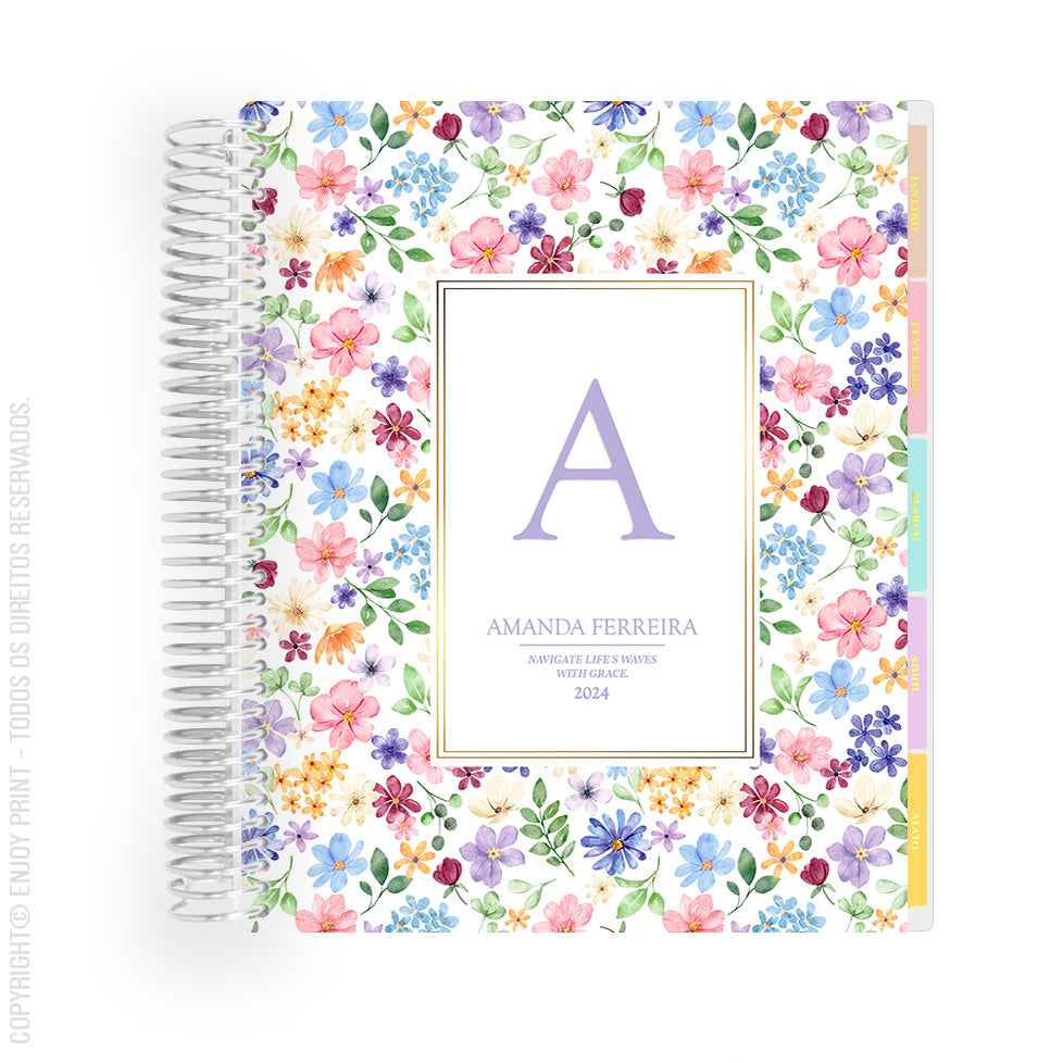 Enjoy Planner 2024 - Flower Lilac Monogram (planner com acessórios inclusos - vai com + de 700 adesivos, régua, 2 blocos de notas e elástico).