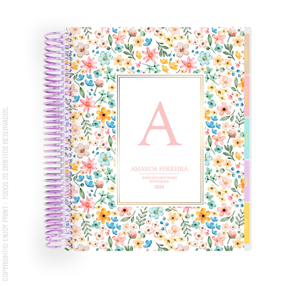 Enjoy Planner 2024 - Flower Pink Monogram (planner com acessórios inclusos - vai com + de 700 adesivos, régua, 2 blocos de notas e elástico).