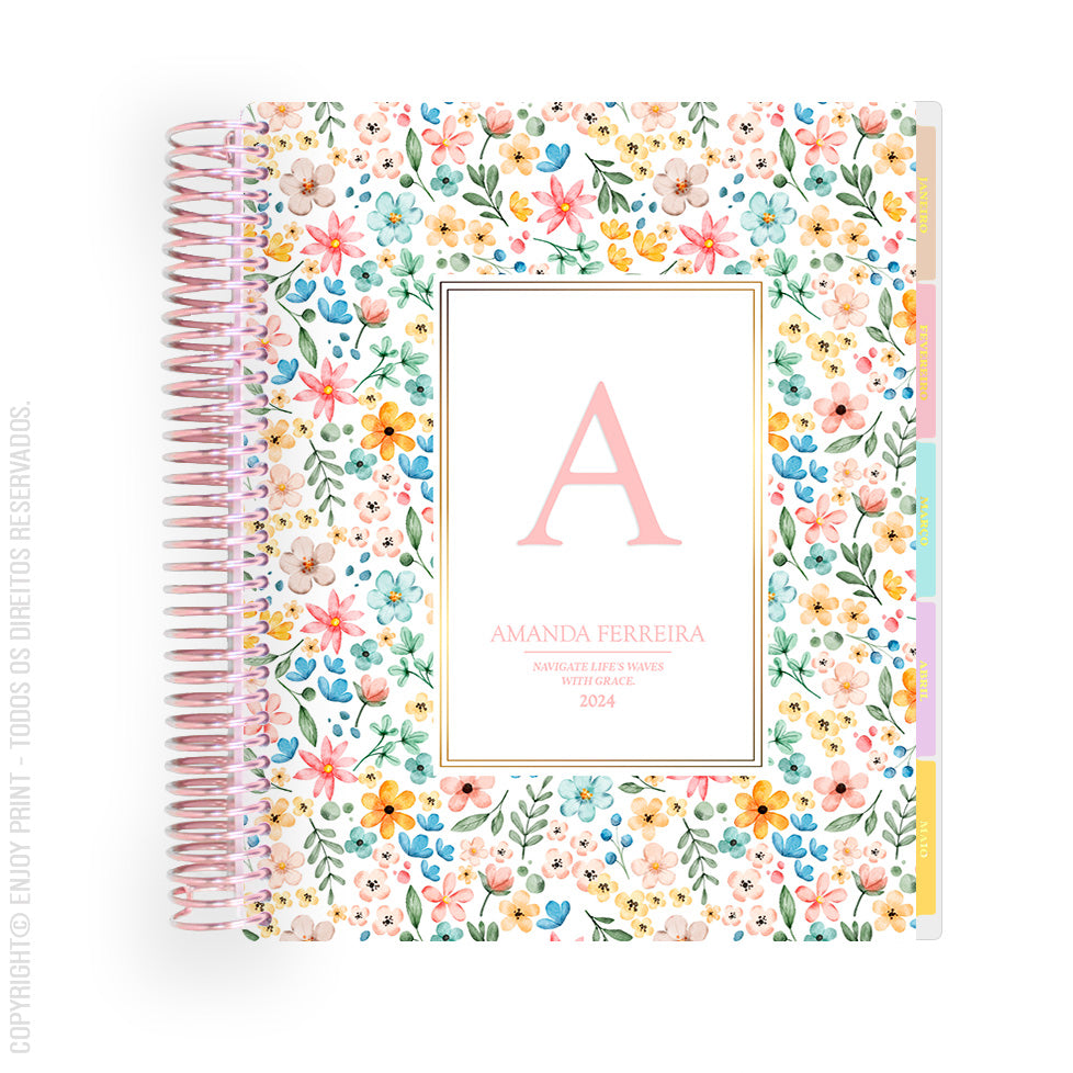 Enjoy Planner 2024 - Flower Pink Monogram (planner com acessórios inclusos - vai com + de 700 adesivos, régua, 2 blocos de notas e elástico).