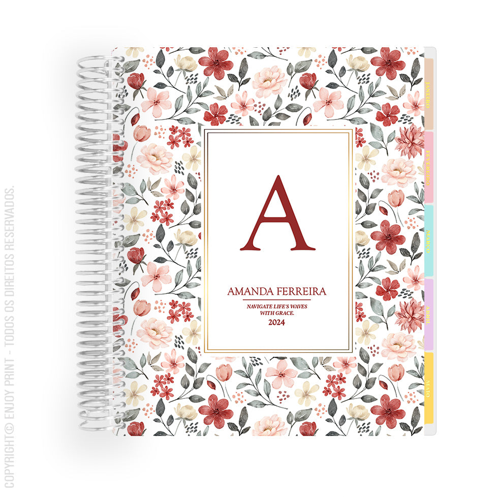 Enjoy Planner 2024 - Flower Red Monogram (planner com acessórios inclusos - vai com + de 700 adesivos, régua, 2 blocos de notas e elástico).