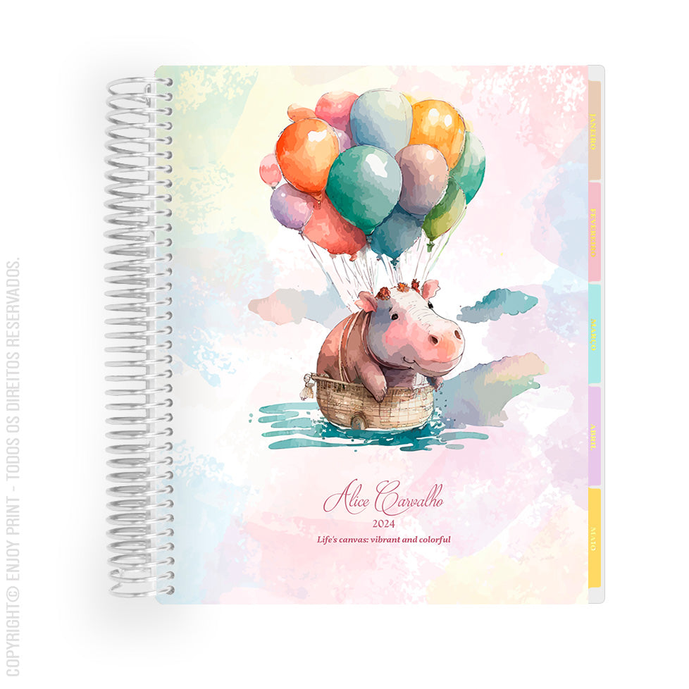 Enjoy Planner 2024 - Zoofari Balloon Hippo (planner com acessórios grátis - vai com + de 700 adesivos, régua, 2 blocos de notas e elástico).