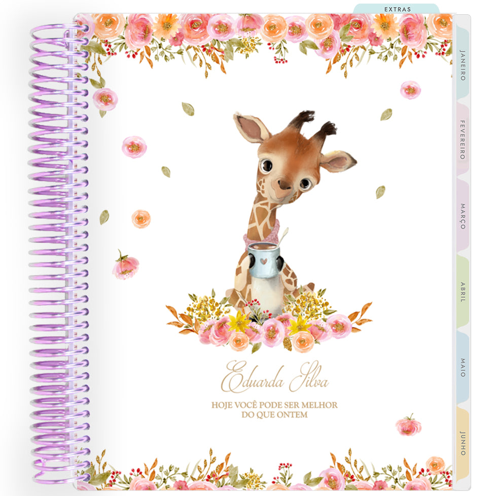 Planner Personalizado Animals - Giraffe Coffee Lover - Lilás