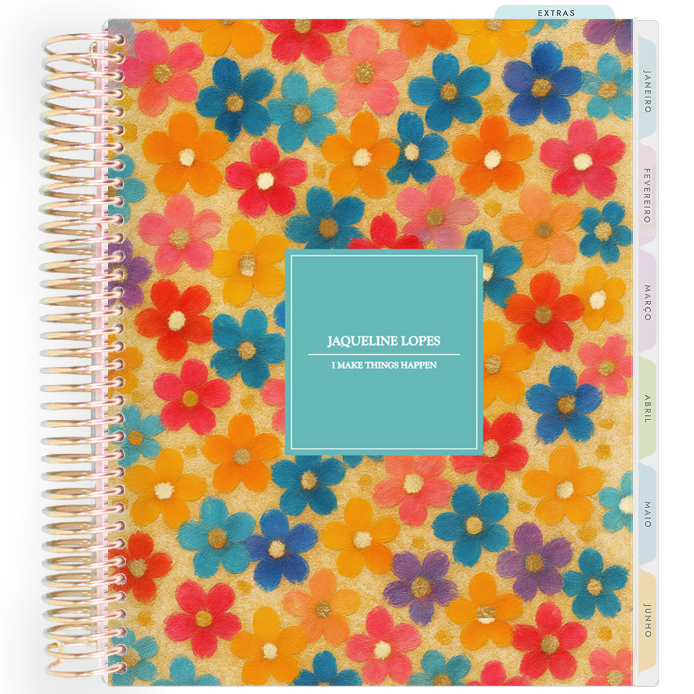 Planner Personalizado Colorful - Tiny Flowers - Dourado