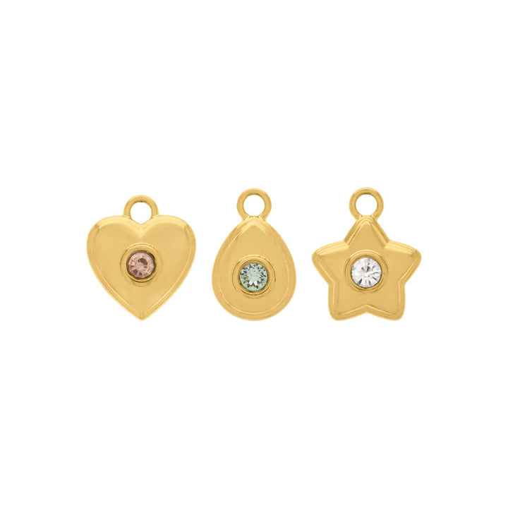 Trio de Pingentes Coração, Gota e Estrela Dourado 20mm