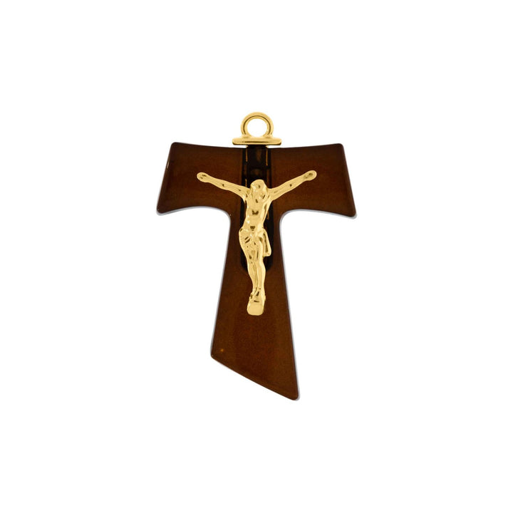Pingente Cruz Franciscana Dourada com Marrom 46mm