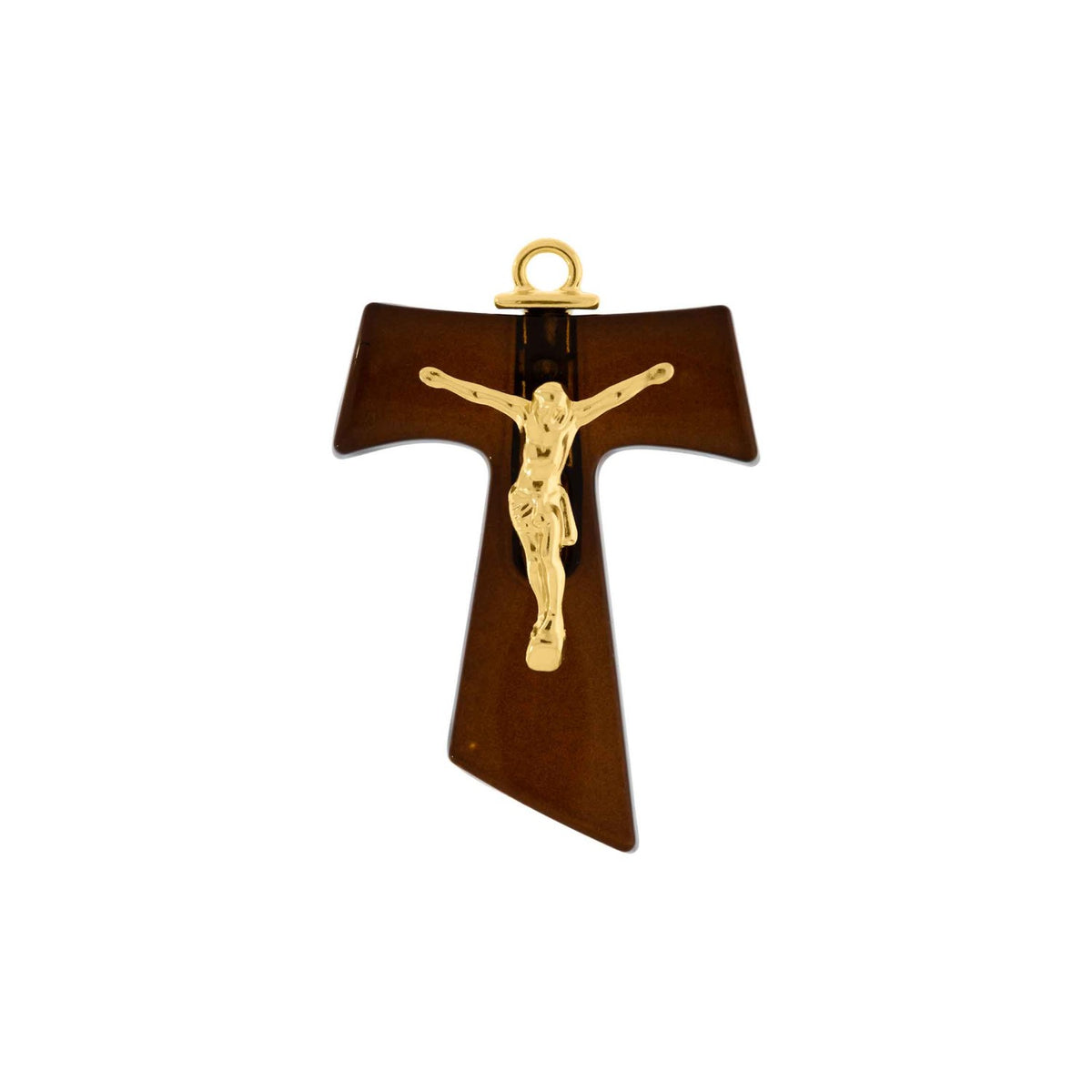 Pingente Cruz Franciscana Dourada com Marrom 46mm
